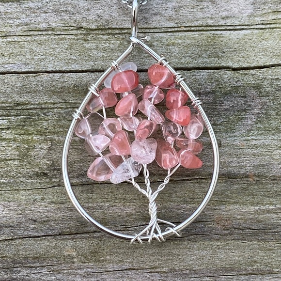 Cherry Quartz gemstone Tree of Life necklace stainless steel chain - Picture 3 of 9